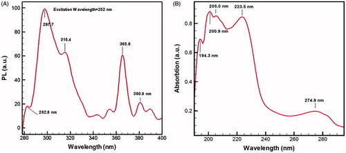 Figure 11. Photoluminescence (PL) emission at 252 nm wavelength of light emitted to ZnO nanofluid (A), trap state shifts and broadening peaks measured under UV radiation. ZnO QD NPs exhibited high absorption peaks at 194.3 and 205.0 nm and a few low ladder-shaped peaks in UV–visible in (B). Therefore, this nanoplatform exhibited strong blue fluorescence.