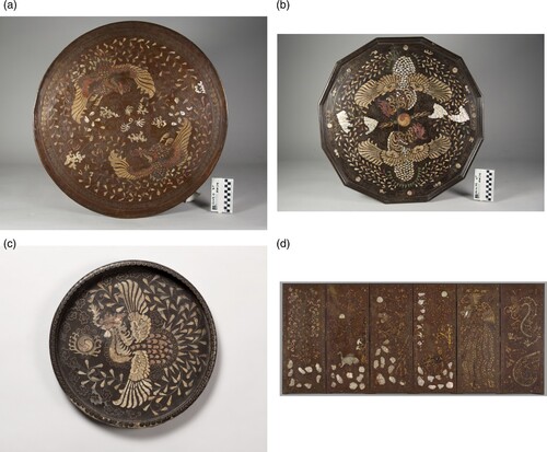 Figure 1. Before treatment images of each object. Table with phoenix motif, 1850-1950. Korea. Lacquered wood with inlaid mother-of-pearl, ray skin, and metal wire. Asian Art Museum of San Francisco, Acquisition made possible by Korean Art and Culture Committee, 2009.17; (b) Table with phoenix motif, 1850-1910. Korea. Lacquered wood with inlaid mother-of-pearl, ray skin, and metal wire. Asian Art Museum of San Francisco, Gift of Patricia Anloff, 2012.99; (c) Tray with phoenix motif, 1850–1910. Korea. Lacquered wood with inlaid ray skin and brass wire. Asian Art Museum of San Francisco, Gift of Patricia Anloff, 2012.100; (d) Screen with dragon, phoenix, deer, tiger, crane, and peonies, 1850–1950. Korea. Joseon dynasty (1392–1910) or Japanese colonial period (1910–1945). Lacquered wood with inlaid mother-of-pearl, tortoiseshell, brass wire, and ray skin. Asian Art Museum of San Francisco, The Avery Brundage Collection, B61D13. All photographs © Asian Art Museum of San Francisco.