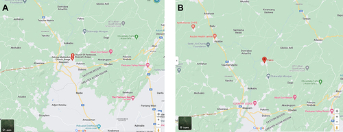 Figure 1 Overview of sampling sites in Eastern region of Ghana. (A) Map showing area of sample collection in Avaga community. (B) Map showing area of sample collection in Pakro Adesa community. Maps were generated using maps.google.com (https://www.google.com/maps) last accessed 17/11/2023.