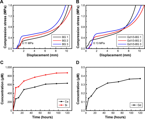 Figure S2 Mechanical property and ion release kinetics of scaffolds.Notes: Compression strengths of different samples: (A) BG scaffolds; (B) Gd1/3-BG scaffolds. Ion release performances of Gd1/3-BG scaffolds: (C) Ca and Si ions; (D) Gd ions.Abbreviations: BG, bioglass; Gd, gadolinium.