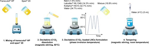 Figure 2 Preparation of lipid nanocapsules loaded with decitabine (C12)2 by phase inversion temperature.Abbreviation: LNCs, lipid-core nanocapsules.