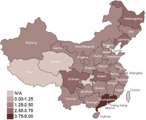 Figure 3. Urban agglomeration by province in China, 1994–2015. Notes. 1. Colors and numbers indicate expenditure decentralization at the provincial level. 2. Data on centrally administered cities and SARs are excluded.
