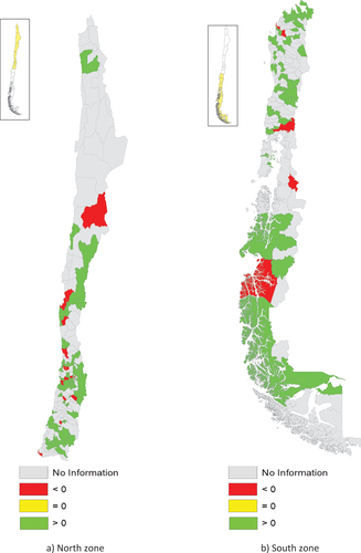 Figure 4. (a and b) Difference between aggregated MTCH and MLTCH values for 2015/19 years for the Chilean municipalities evaluated.