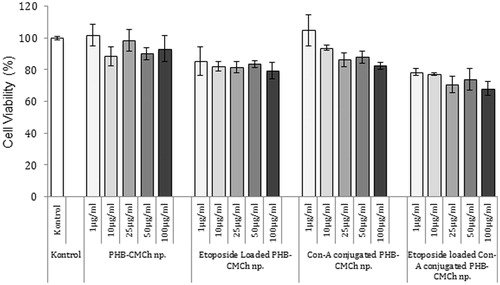 Figure 8. Cytotoxicity of different formulation of PHB–CMCh nanoparticles (n = 3). The nanoparticles were incubated with MCF-7 cells for 24 h. After incubation, cell viability was measured by MTT assay. Data are expressed as percent of control mean ± SD of three independent experiments.