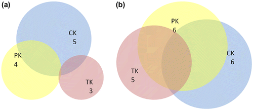 Figure 3. Marianne’s GATI of her (a) current and (b) next aspired state knowledge structure.