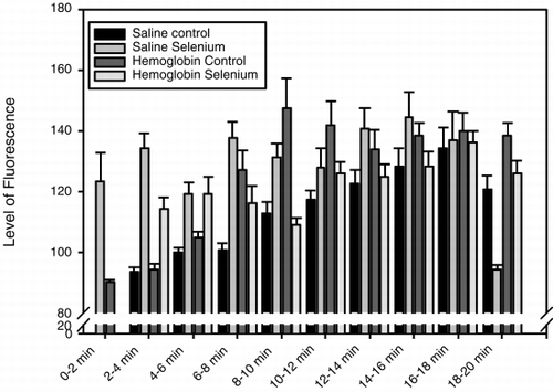 Figure 6. Histogram to show fluorescence intensity of dihydrorhodamine 123 in the epithelium of intestinal villi, after injection of saline or DBBF-Hb in rats fed supplemental selenium or a normal diet. On the abscissa the time after injection is plotted in minutes.