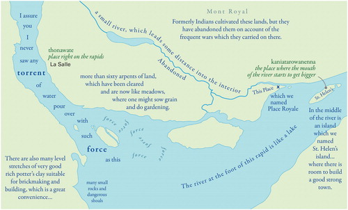 Figure 8. Voice as a visual storytelling trope. ‘They Would Not Take Me There; People, Places, and Stories from Champlain’s Travels in Canada, 1603–1016’ published by the University of Maine Canadian-American Center (Pearce and Hermann, Citation2010) follows the explorations of Samuel de Champlain through what would become New France. Drawing from his journals, the designers insert Champlain’s voice into the map using typography (blue Garamond). Alongside Champlain’s voice is an imagined Indigenous voice (green Garamond), ‘add[ing] context to a landscape that Champlain often refers to as empty or barren’ (Citation2010: 46). The designers’ voice also is inserted into the map for narration and context (black Univers Light), resulting in a juxtaposition of different perspectives, time periods, and power structures.