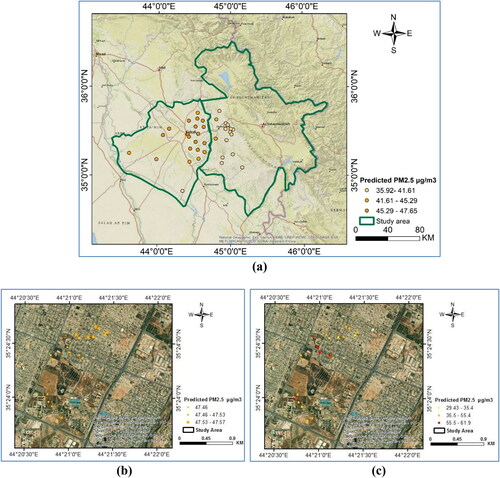 Figure 6. (a) Prediction map of PM2.5 in Kirkuk and Sulaymaniyah provinces of July 2019. (b) Prediction map in Kirkuk at an area of 5.6 km2 of July 2019. (c) Prediction map in Kirkuk at an area of 5.6 km2 of February 2020.