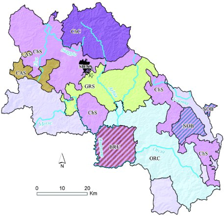 Figure 1. Topographic sketch of the province of Siena, with red wines DOC (ORC, Orcia; GRS, Grance senesi; CAS, Terre di Casole) and DOCG areas (BRU, Brunello di Montalcino; NOB, Nobile di Montepulciano; ChS, Chianti and Chianti Colli Senesi; ChC, Chianti Classico). The area of Chianti Colli Senesi DOCG included the areas of Brunello di Montalcino DOCG and a large part of the Nobile di Montepulciano DOCG.