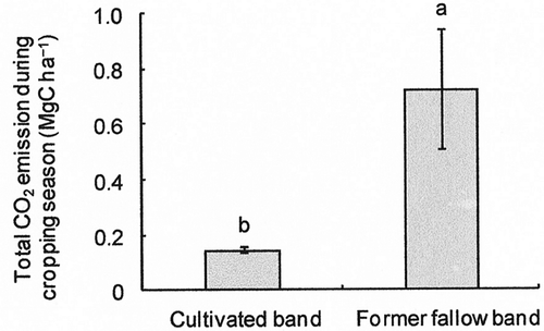 Figure 8. Total carbon dioxide (CO2) emission during the cropping season in the cultivated band and former fallow band. Error bars indicate standard error. Mean values with different letters are significantly different at the P < 0.05 significance level.