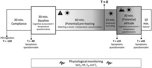 Figure 2. Timeline of the protocol. SpO2: oxygen saturation; HR: heart rate; TSK: mean skin temperature; TC: core temperature. Gradient indicates potential ambient temperature.