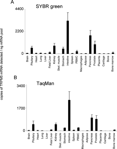 Figure 5. Expression of hTRPM5 mRNA. mRNA profiles in human CNS and peripheral tissues. Data are expressed as copies of TRPM5 mRNA detected normalized to ng mRNA pool to correct for RNA quantity and integrity and are means ± SEM for triplicate reverse transcription reactions from each RNA pool.