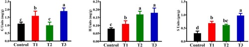 Figure 4. Effect of B. subtilis IAGS174 in quantities of lignin monomers subunits in tomato plants after F. oxysporum inoculation. Monomer subunits were quantified by performing GC/MS analysis five days post pathogen inoculation. Control = Non-treated control plants; T1= Pathogen control; T2= Bacterial inducer; T3= Bacterial inducer + pathogen. Vertical bars indicate the standard error of mean. Columns with different letters are statistically significantly different according to Duncan’s new multiple range test at P < 0.05.