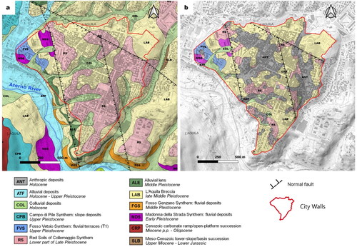 Figure 6. (a) Geological map modified from Nocentini et al. (Citation2017); (b) new detailed geological map resulting from the analysis of 573 boreholes database and literature data.