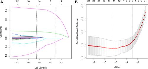 Figure 2 Texture feature selection using the LASSO regression model. (A) 10-fold cross-validation via minimum criteria was applied for optimal parameter selection through LASSO model. Partial likelihood deviance curve was schemed versus log(λ). Dotted vertical lines were drawn at the optimal values by using the minimum criteria and 1 SE of the minimum criteria. (B) LASSO coefficient profiles of all the clinical features. A coefficient profile plot was produced against the log(λ) sequence.
