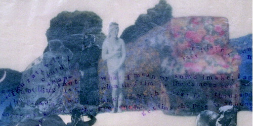 FIGURE 5. Joanne Leonard, Moments of Being (detail), 1990, collage on off-white paper with stamped lettering and additional collage of glassine overlay.