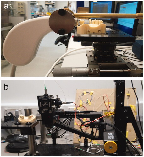 Figure 1. Experimental set-up using (a) the commercial SS-OCT (Santec IVS-300, Japan) and (b) the non-commercial SD-OCT (Queen Mary University of London, London, UK).