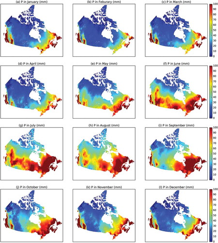 Figure 9. Mean monthly precipitation (P, mm) across Canada, 1979–2016