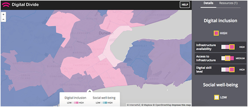 Figure 1. Screenshot (20/10/17) from ‘Digital Divide Map’ (https://digitaldivide.nz/) outlining the differences in access to infrastructure and digital literacy in central Dunedin. The light pink areas indicating medium access and skill correspond with South Dunedin. Note that ‘social well-being’, however problematically conceived, is marked as extremely low in this area.