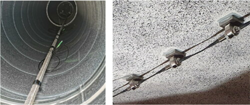 Figure 19. Application of FBG sensors. Left: glued to steel rebar, and right: attached to a concrete surface.