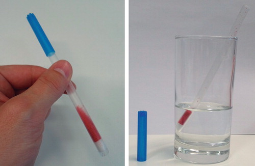 Figure 3. Dose sipping technology: prototype straw containing granulated product with removable cap (left) and without cap, ready-to-use in a glass of water (right).