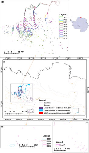 Figure 4. Distribution of lakes in Region B and the melt lakes identified recently (Stokes et al. Citation2019). Note that the extent of melt lakes increased further for those previously identified and at the new locations over the years. The associated images (B1, B2, and B3) highlight the expansion of the lakes in different years.