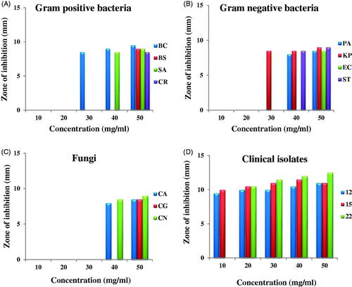 Figure 7. Antimicrobial activity of AgNPs against (A) gram-positive bacteria, (B) gram-negative bacteria, (C) fungi and (D) clinical isolates.