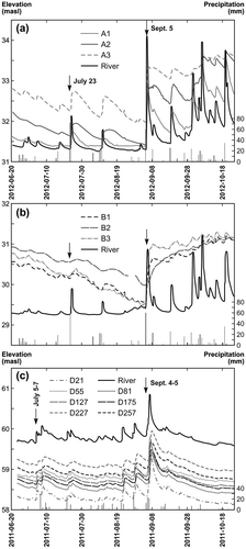 Figure 4. Water level variations (a) for the De la Roche River with wetland A (WA), (b) for the De la Roche River with wetland B (WB) and (c) for the Matane River (modified from Cloutier et al. Citation2014). Water levels in the Matane River are higher than piezometer levels because the gauging station is located upstream from the piezometers. The arrows indicate the rain events illustrated in Figure 5.