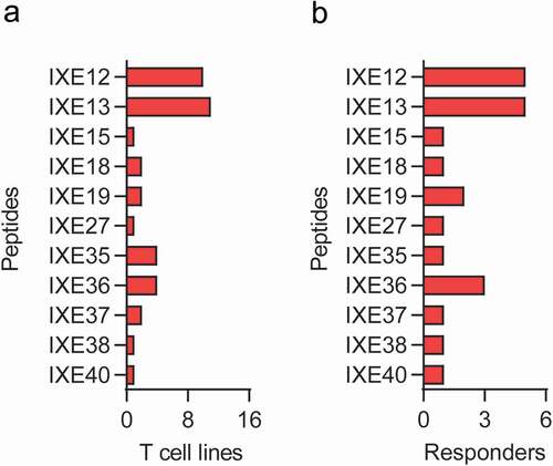 Figure 4. T cell responsiveness to individual MAPPs and CDR ixekizumab peptides. Number of T cell lines (a) and number of donors (b) responding to both Set 1 and Set 2 individual ixekizumab peptides. IXE, ixekizumab