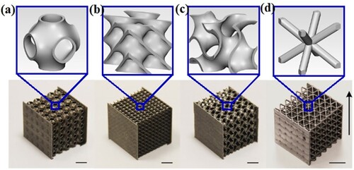 Figure 22. Various design configurations of triply periodic minimum surface lattices (a) primitive, (b) diamond, (c) gyroid and (d) BCC (Zhang et al. Citation2018).