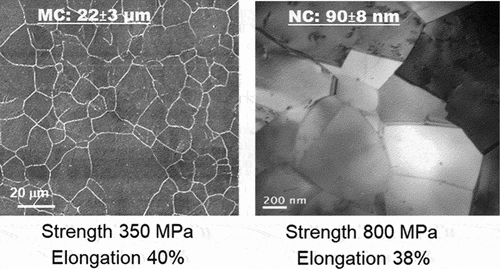 Figure 1. Light micrograph of MC and TEM micrograph of NC stainless steels [Citation4–6,Citation12].