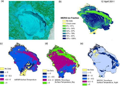 Fig. 2 Surface temperature on 12 April 2011: (a) MODIS visible image, (b) MERIS ice fraction, (c) AATSR surface temperature (between 8 and 10 AM local time), (d) MODIS daytime surface temperature (between 10 AM and 12 PM local time) and (e) MODIS nighttime (between 10 PM and 3 AM local time).