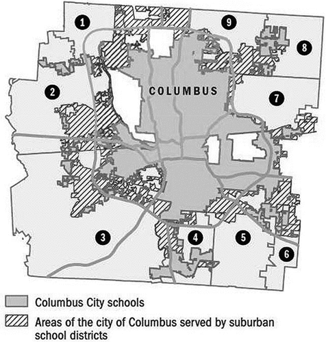 Figure 1. Map of areas of the city of Columbus annexed by the city but not served by Columbus city schools.