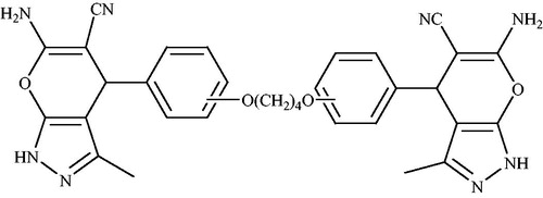 Figure 6. Synthesis of bis-1,4-dihydro-3-methylpyrano[2,3-c]pyrazole-5-carbonitriles.