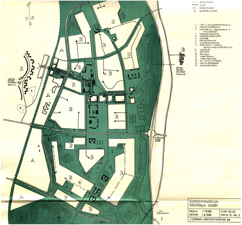 Figure 6. A map of central Upplands Väsby attached to the 1966 Comprehensive Plan showing residential areas as white spaces marked ‘B’, enmeshed in a continuous corridor of public space consisting of civic buildings, parks and patches of forest. Source: Upplands Väsby Municipal archives.