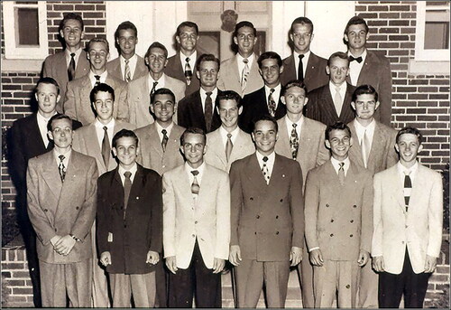 Figure 5. Pledge class of Phi Delta Theta at SMU in 1950. Dr. Roberts is in the second row, second from the left; Dr. George Hurt is in the last row, third from the right.