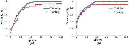 Figure 9. Training and Testing accuracies on (a) Weizmann dataset (b) KTH dataset.