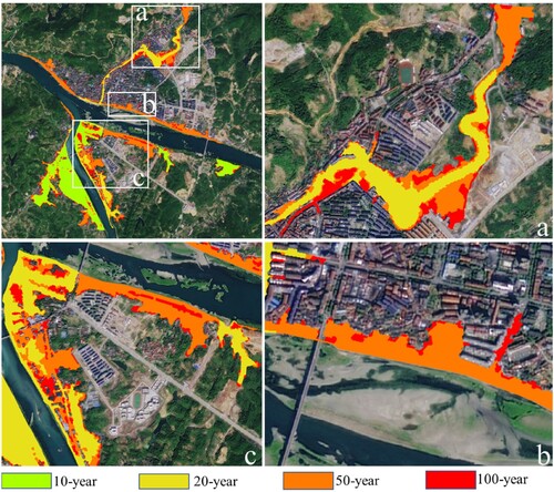 Figure 17. Maximum flood inundation for 10-year, 20-year, 50-year, and 100-year return periods.