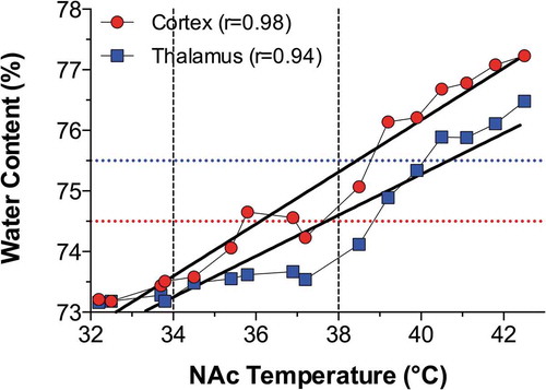 Figure 14. Temperature dependence of tissue water in the cortex and medial thalamus in pentobarbital-anesthetized rats passively warmed to different temperatures. Horizontal hatched lines show “normal” values evaluated in brains of awake, drug-free rats at normothermia. In each structure water tissue content tightly and linearly correlates with brain temperature (p < 0.001). Data were re-plotted from reference [Citation158].