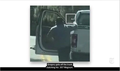 Figure 5. Screengrab 5: Footage is stopped, and a gun is highlighted in Ahmaud Arbery’s Final Minutes: What Videos and 911 Calls Show. © 2020 THE NEW YORK TIMES COMPANY.
