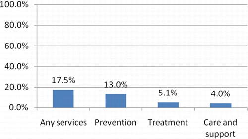 Figure 2. Reported service utilization in the evaluation sample, by service category.Note: “Prevention services” category included: information and awareness raising, life skills, behavior change communication, action to change harmful traditional practices, stigma reduction, activities to change cultural and gender norms to reduce stigma and discrimination; condom distribution, provisions of needles and bleach, HIV testing and counseling, HIV testing promotions, outreach to groups at risk; “Treatment services” category included: provision of ART, visits to health facilities, referral to health facilities, support for HIV and TB treatment adherence, treatment education and literacy, mother-to-child transmission prophylaxis; “Care and support” category included: social, psychological, and spiritual support, counseling, childcare, day and respite care, home-based care, palliative care, nutrition support, support for OVC, support groups and self-help activities; “Any services” included any of the services mentioned earlier. Percentages are based on self-reports from the household survey.