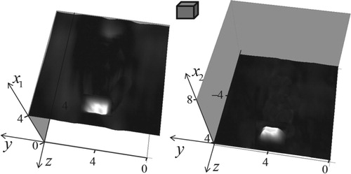 Figure 11. Visualization of holography analysis as two functions x1(y),x2(y) (see in Figure 2) based on the solution of (8) for the rectangular target (insertion). Sizes are given in wavelengths.
