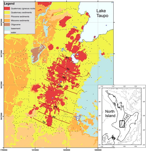 Figure 1. The southern TVZ showing simplified regional geology (geology after GNS Science Citation2014 (QMAP), colour code see Legend), gravity stations (black dots), and base of andesite contours (red lines, annotated at 100 m intervals). All maps are NZ Transverse Mercator projection, grid at 20 km intervals. Inset at lower right: location of the study area, marked by the box, within North Island, New Zealand. TVZ marked by dotted lines and TVZ. Height and depth contours (thin lines) are at 1000 m intervals