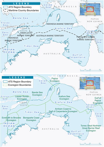 Figure 1. Boundary of the Arafura Timor Seas (ATS), showing Maritime borders of the four Littoral nations (top) and marine ecoregions (bottom) in the region. Sources: Marine Regions (Citation2024) and marine ecoregions of the world (Spalding et al. Citation2007).