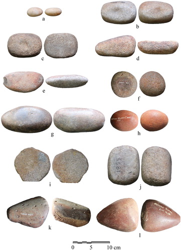 Figure 3. Examples of handstones from Pastoral Neolithic sites mentioned in the text: a–b) quartz handstones, Narosura; c–d) handstone, Narosura; e) handstone, Naivasha Railway Rockshelter; f) handstone, Hyrax Hill; g) handstone, Keringet Cave; h) handstone with pronounced ochre staining, Njoro River Cave; i) handstone, Ilkek-Mound C; j) handstone, Naivasha Burial Mound; k) handstone, Eburu Station Lava Tube Cave; l) handstone, the Nakuru Burial Site.