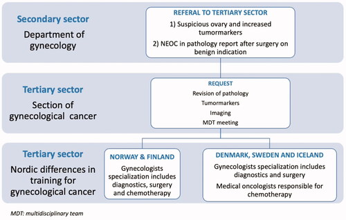 Figure 1. Pathway for diagnostics and treatment of patients treated for non-epithelial ovarian cancer (NEOC) and differences in training for gynecological cancer in the Nordic countries.