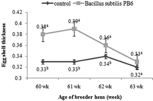 Figure 7. Effect of Bacillus subtilis PB6 supplementation on eggshell thickness of broiler breeder hens during 60–63 weeks of age. Values are presented as means ± Standard error; means lacking a common letter (a–b) differ significantly (P < 0.05).