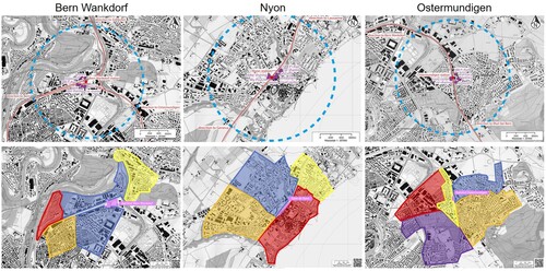 Figure 2. Perimeter and survey area of the three locations Note. The maps show the perimeter (top) and the distribution area (bottom) of the three locations, Bern Wankdorf, Nyon and Ostermundigen. Letters and colours were used to divide the neighbourhoods and the associated self-assignment of the residents within the three survey locations.