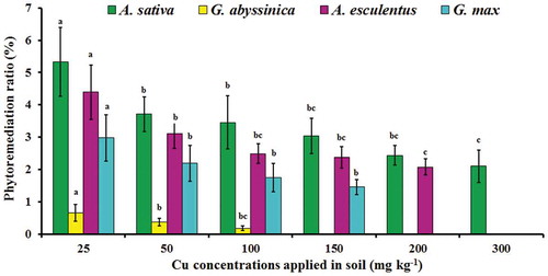 Figure 4. Phytoremediation ratio (%) of four plant species after 12 weeks of growth in soil contaminated with varying concentrations of applied Cu. Bars with the similar letters are statistically non-significant according to Duncan’s multiple range test (p < 0.05), Data are means (n = 3 ± SD), a in superscript represent significantly highest followed by later alphabets for lower means