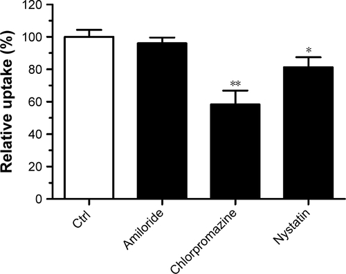 Figure S2 Statistics of flow cytometry for calculating the effect of endocytic inhibitors on cellular uptake in LoVo/ADR cells.Notes: The cells were pre-treated with different inhibitors (100 mg/mL amiloride,10 µg/mL chlorpromazine, and 15 mg/mL nystatin), then co-incubated with for 2 hours at 37°C±0.5°C. The concentration of Coumarin-6 was 3 µg/mL. Each value indicates the mean±SD and was representative of results obtained from three independent experiments. Statistical significance relative to non-inhibitor control (n=3), *P<0.05, **P<0.01.